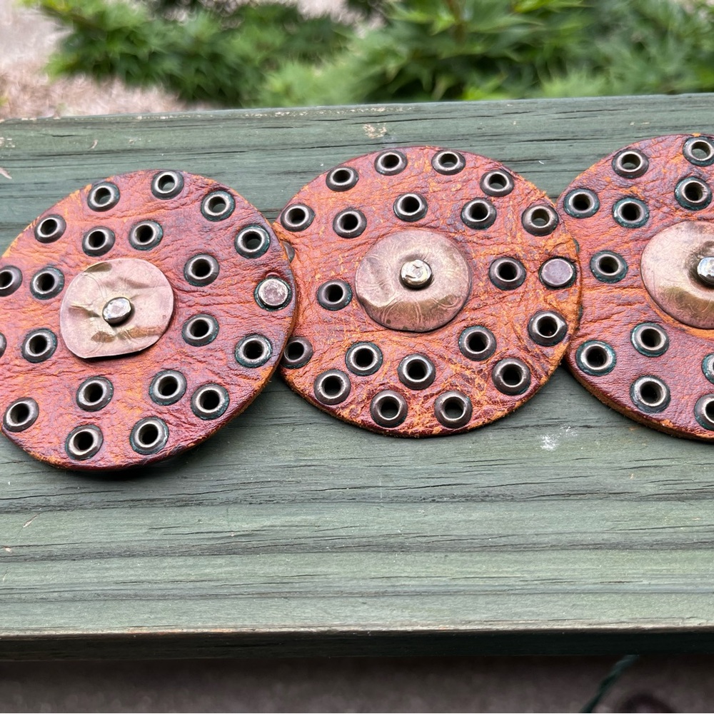 Vintage handmade leather and copper belt part Upcycle Set 10 leather circles 3”